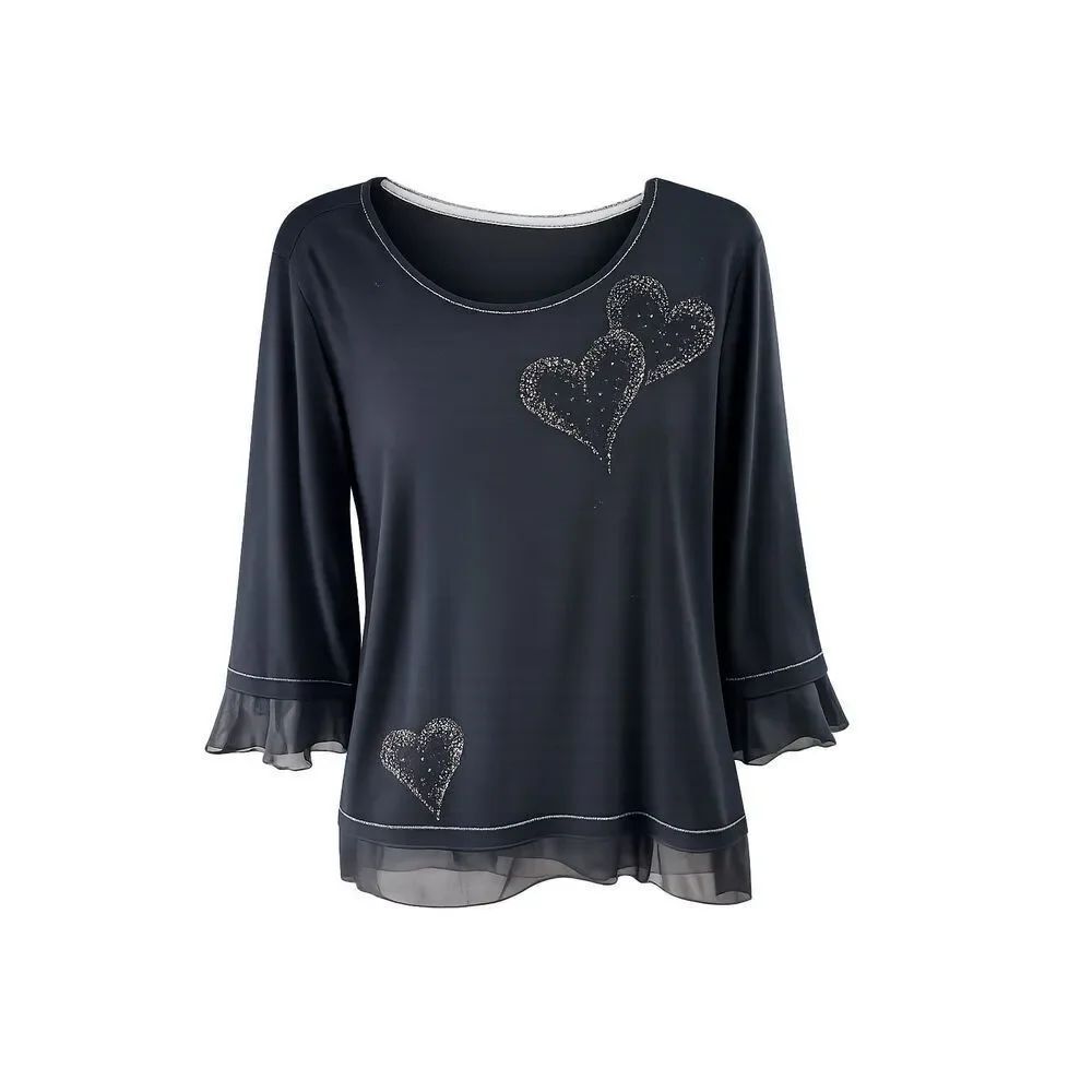 Alfred Dunner Large Black Heart Rhinestone Blouse Sheer Hem Dressy Glam Top